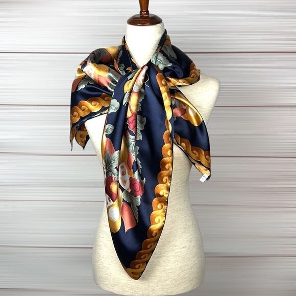 Silk Satin Navy Blue Square Scarf Fruits and Golden Leaves Print - Picture 7 of 10